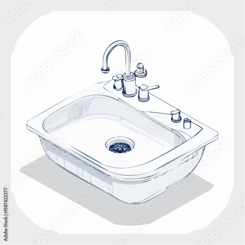 Detailed line sketch of a bathroom sink with faucet and soap, showing plumbing and edge.