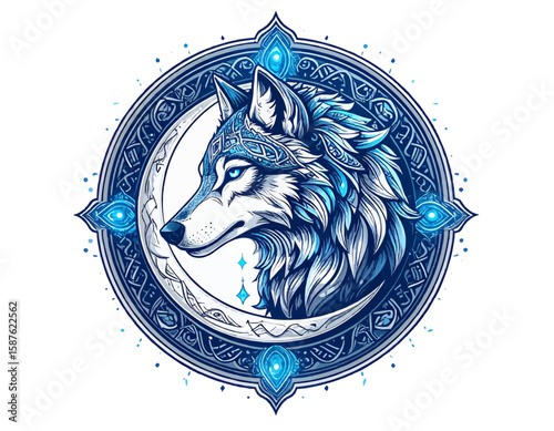 Detailed wolf head inside ornate circle with crescent moon and decorative elements design art is shown