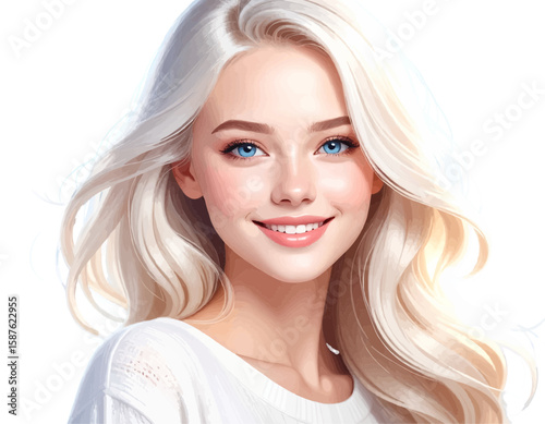 A portrait of a beautiful smiling woman with flowing blonde hair and bright blue eyes looking forward smiling