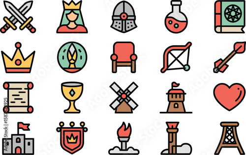 Collection of Medieval Fantasy Icons Crowns, Swords, and More
