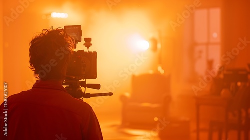 Filmmaker captures scene with professional camera in warm orange lighting
