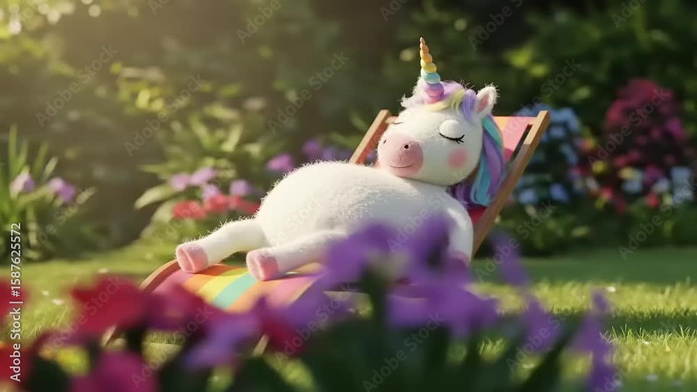 A whimsical unicorn plush relaxing on a sun lounger in a vibrant garden surrounded by blooming flowers