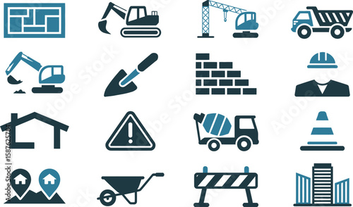 Construction Icons Excavator, Crane, Truck
