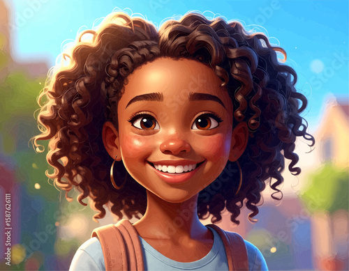 Illustration of a smiling young girl with curly hair against a blurred outdoor background scene view