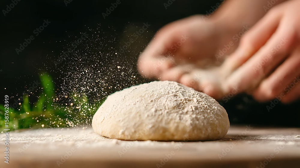 Fototapeta premium Baker dusting flour onto dough with hands in motion