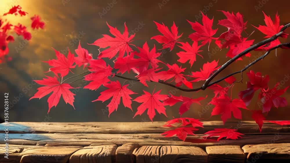 video of Autumn-themed scene featuring a branch of red maple leaves and a wooden table. A natural seasonal setting ideal for fall décor, Thanksgiving, or holiday displays