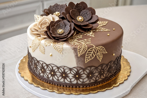 shows a beautifully decorated cake with a chocolate and white fondant base, adorned with golden leaves and flowers, and topped with chocolate and beige sugar flowers. It is placed on a gold cake board