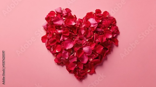 A heart shape made of red rose petals on a pink background, symbolizing love and romance.