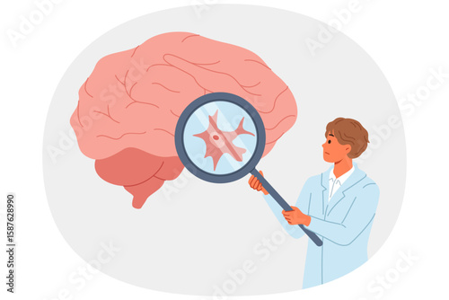 Neurosurgeon doctor examines patient large brain for signs of malignancy or alzheimer symptoms. Magnifying glass in hands of physician diagnosing dementia during brain examination.