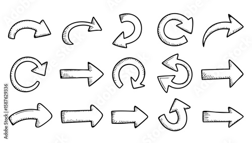 Hand drawn arrow vector set, doodle arrows collection, sketch arrows illustration, direction pointers, 100 char 