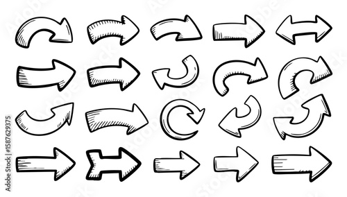 Hand drawn arrow vector set, doodle arrows collection, sketch arrow design elements for creative projects 