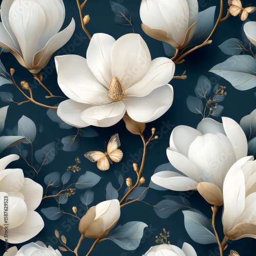 Elegant white magnolia flowers and graceful butterflies on a dark blue background with luxurious gold accents for seamless wallpaper design