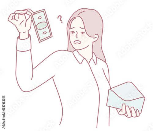 A woman looks puzzled and uncertain while holding cash and a box, reflecting the challenges of financial uncertainty