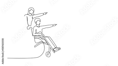 Animation of single one line drawing couple of happy people while pointing in one direction. Caregiver woman pushing man on wheelchair. Continuous line self drawing animated. Full length motion