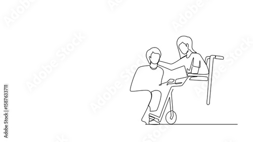 Animated self drawing of continuous line drawing man kneeling before woman in wheelchair. Disabled wife sitting in wheelchair holding husband head in hospital ward. Full length single line animation