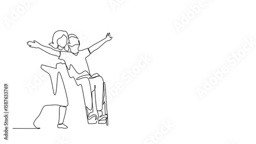 Animated self drawing of continuous line drawing happy disabled man in wheelchair on walk with his loving wife outdoors, having fun. Impaired couple enjoying fun day. Full length single line animation