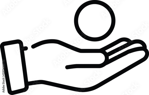 Hand holding a circle icon represents customer care, support, and assistance in a simple design.