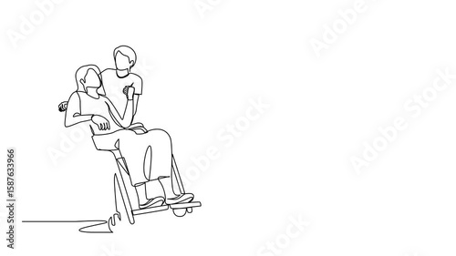 Self drawing animation of continuous line drawing husband embracing disabled wife sitting on wheelchair. Couple looking each other with love. Man holding hands of disable woman. Full length animated