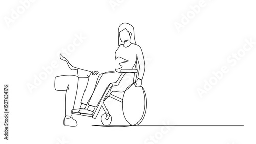 Animated self drawing of continuous line drawing couple at home with disability woman in wheelchair holding hands with man sitting on sofa. Assistance rehabilitation. Full length single line animation