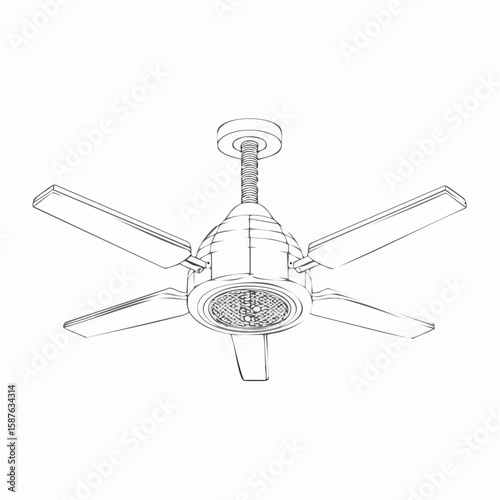 Line drawing of ceiling fan with blades and center mount, technical and minimal design.