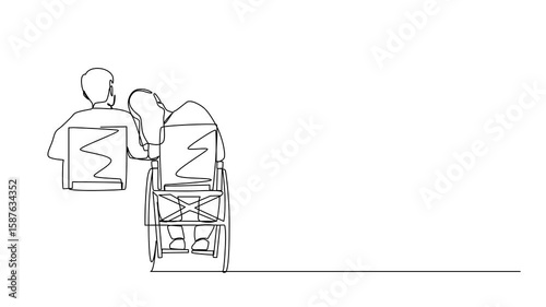Animation of single one line drawing back view couple with disabilities sit in wheelchairs talking. Woman rests her head on man's shoulder. Continuous line self drawing animated. Full length motion