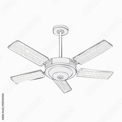 Line drawing of ceiling fan with blades and center mount, technical and minimal design.