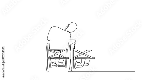 Animated self drawing of continuous one line drawing back view couple with disabilities sit in wheelchairs talking each other. Man rests his head on woman's shoulder. Full length single line animation