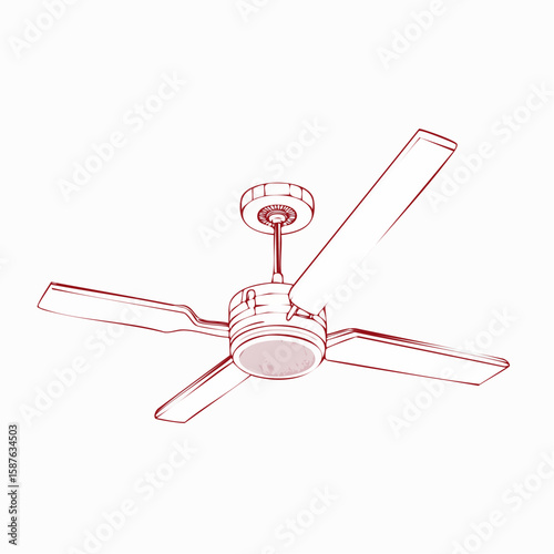 Line drawing of ceiling fan with blades and center mount, technical and minimal design.