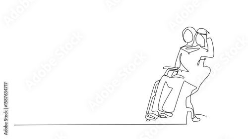 Animation of one line drawing Arabic woman sitting in wheelchair while husband standing behind and hugging her. Supporting during rehabilitation. Single line self drawing animated. Full length motion