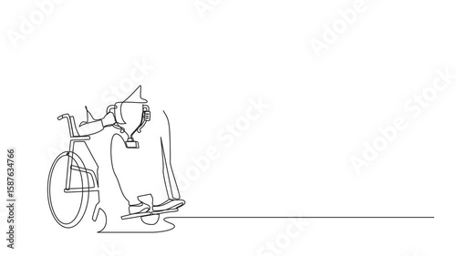 Animation of single continuous line drawing disability Arab woman on wheelchair with trophy cup sharing her joy from achievements. Success in sport. One line self drawing animated. Full length motion