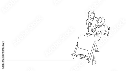 Animation of single one line drawing husband embracing disabled Arabian wife sitting on wheelchair. Couple looking at each other with love. Continuous line self drawing animated. Full length motion