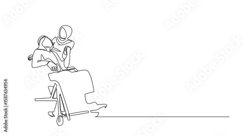 Animated self drawing of continuous one line drawing Arabian wife embracing disabled husband sitting on wheelchair. Couple. Woman holding hands of disable man. Full length single line animation