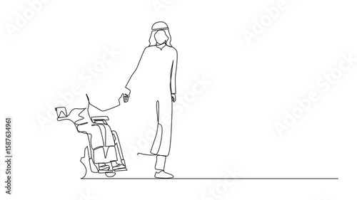Animation of single one line drawing Arabic husband walk the park with disabled wife, woman on wheelchair. Assistance in rehabilitation of disabled person. Lovely couple. Full length motion