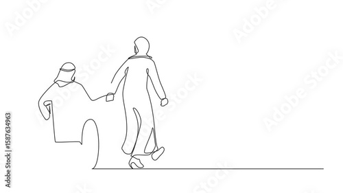 Animated self drawing of continuous line drawing back view Arab woman with her beloved disabled husband on wheelchair is taking stroll. Man with physical disability. Full length single line animation