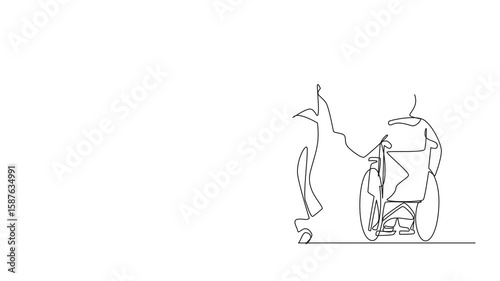 Self drawing animation of single continuous line drawing back view Arab man with his beloved disabled wife on wheelchair is taking stroll. Woman with physical disability. Full length animated