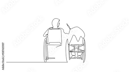 Self drawing animation of continuous one line drawing back view Arabian couple with disabilities sit in wheelchairs talking each other. Man rests his head on womans shoulder. Full length animated