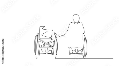 Animation of continuous line drawing back view of disabled people on wheelchair living happy active lifestyle. Disabled Arab couple in wheelchair. One line self drawing animated. Full length motion