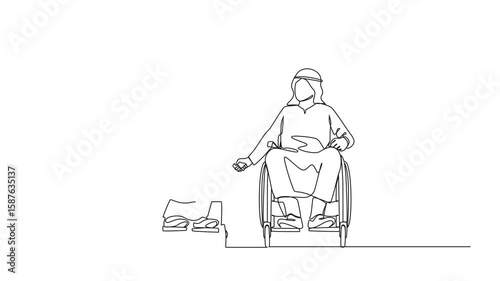 Self drawing animation of continuous one line drawing disabled people on wheelchair living happy. Disabled Arab couple man woman in wheelchair sitting and holding hands. Full length animated