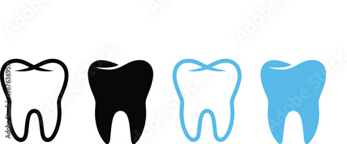 Four tooth icons showcase dental health, hygiene, and care in black, white, and blue.
