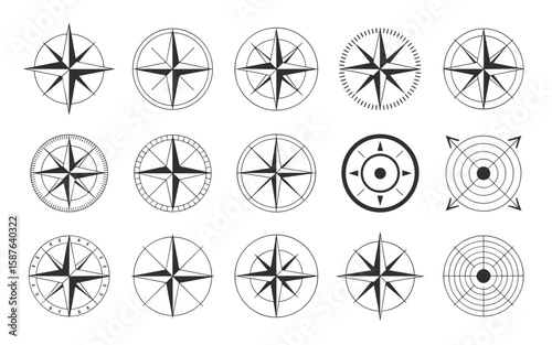Compass Rose Icon Set – Silhouettes of Navigational Stars and Directional Symbols