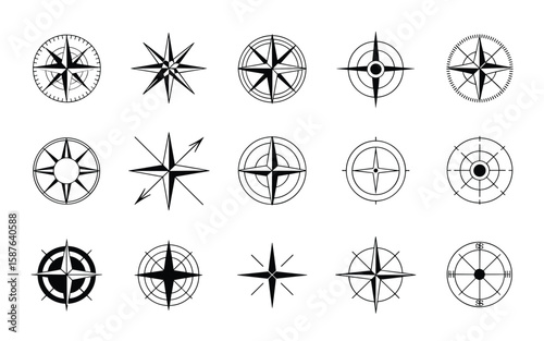 Compass Rose Icon Set – Silhouettes of Navigational Stars and Directional Symbols