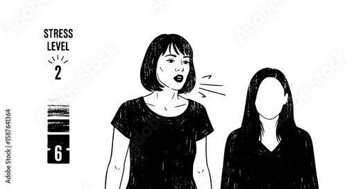 Stress level sketch: woman talking, another listening. Pen drawn style, stress level bar