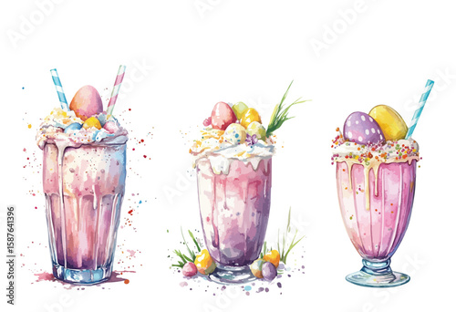 Sweet milkshakes collection, isolated watercolor illustration