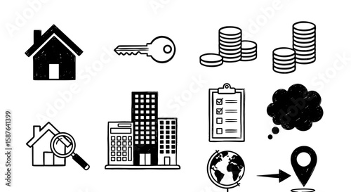 Real estate sketch icon hand drawn set. Property,key, globe, money, location, house, building, clipboard vector illustration