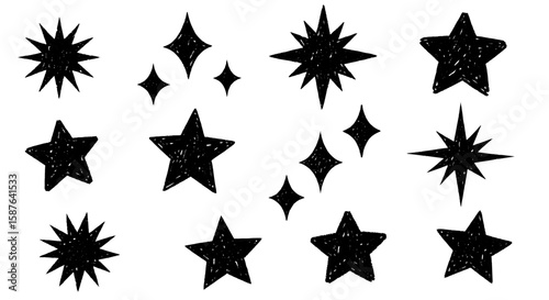 Star doodle icon sparkle sketch set. Hand drawn doodle stars, sparkles in rough line sketch style. Brush drawing sparkle element, shining star shape. Vector illustration