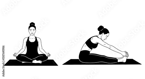 Yoga poses sketch set. Meditating seated, forward bend stretch, woman workout pose, training illustration. Line art wellness, fitness drawing, exercise routine.