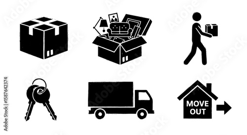 Moving icons set. Furniture box, keys, truck, move out house sign in sketch style. Relocation concept art. Vector illustration