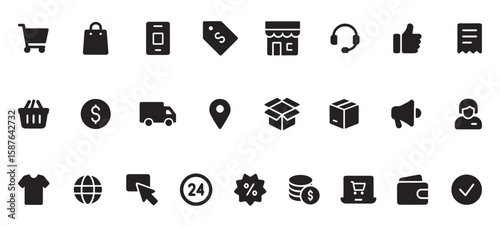Online Shopping Glyph Icons – Unique E-Commerce Symbols Featuring Carts, Payments, Delivery, Sales, and Digital Storefronts