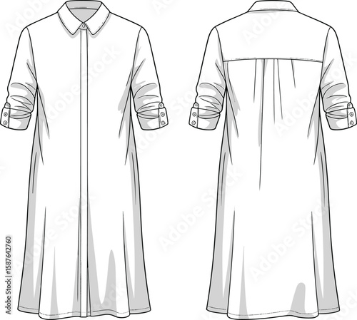 Shirt Dress CAD Drawing, Long Sleeve Button Down Shirt, Flat Technical Sketch, Fashion Design Template, Apparel Vector Illustration