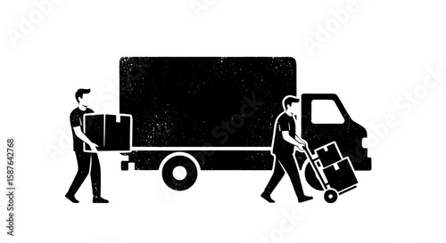 Movers loading boxes onto truck sketch icon. Moving man box pushcart sketch. Hand drawn delivery person load boxes. Vector grunge illustration.